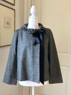 J Crew SZ 0 Women’s Cheshire Ruffle Tie Neck Jacket Black Tweed